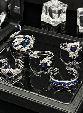 欧美跨境丘比特之羽蓝色锆石时尚开口戒指女爱心气质高级感指环潮