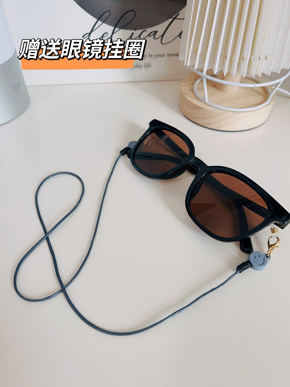 韩国设计师自制简约莫兰迪色链可爱笑脸墨镜眼镜挂链口罩防丢链绳 - 图0