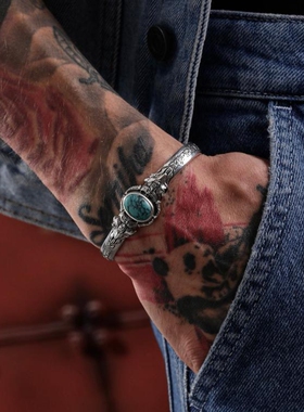 绿松石宝石镶嵌男士可调银手镯