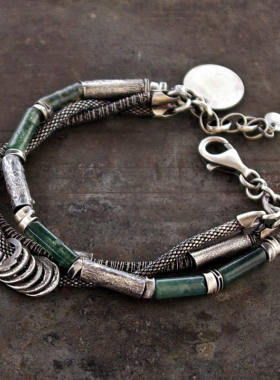 925纯银复古苔藓玛瑙银管手链