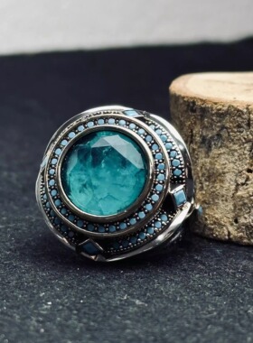 帕拉伊巴碧玺镶嵌纯银男士戒指