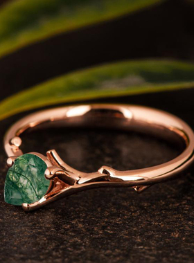女玫瑰金天然绿色苔藓玛瑙戒指