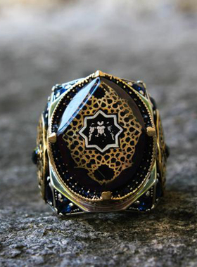 纯银复古蓝琥珀宝石镶嵌戒指鹰