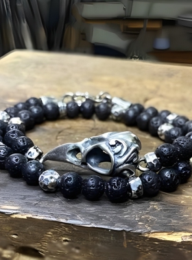 黑色熔岩串珠乌鸦骷髅纯银手链