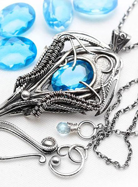 纯银中性蓝色石英项链宝石镶嵌