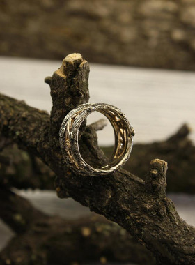 树皮藤蔓钻石14K纯金结婚戒指