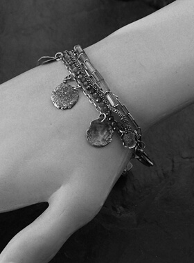 石榴石宝石串珠叠戴银盘纯银手链