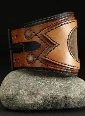 厚实三层皮革黄铜网男士宽手镯