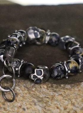 男纯银复古天然碧玉串珠手链骷髅