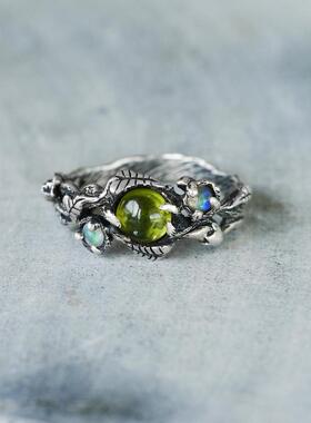 橄榄石火蛋白石多色宝石花朵戒指