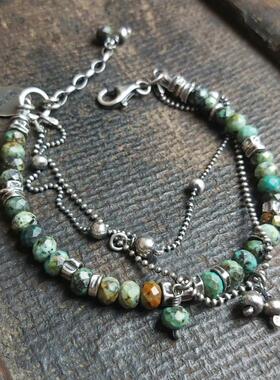 纯银天然非洲绿松石宝石叠戴手链