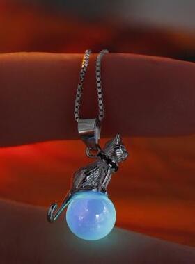 虹彩玻璃球纯银俏皮可爱猫咪项链