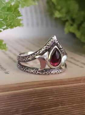 手作波西米亚石榴石纯银月相戒指