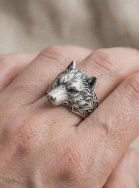 狼头雕刻编织纹理纯银男士戒指