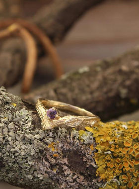 女14K纯金天然紫水晶戒指叶子