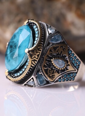 蓝色碧玺宝石绿松石纯银男士戒指