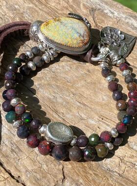 纯银波西米亚蛋白石纽扣鹿皮手链