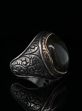 拉长石宝石镶嵌纯银定制刻字戒指