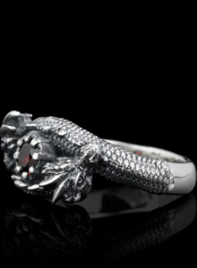 纯银复古哥特红石榴石宝石戒指龙