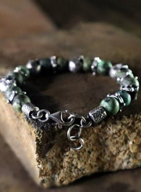 氧化纯银绿松石宝石手链哥特骷髅