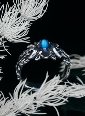 纯银复古月亮月相戒指拉长石镶嵌