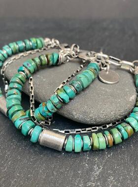 蓝绿色绿松石氧化纯银串珠手链