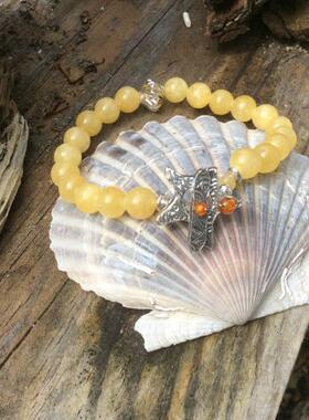 黄色方解石珠纯银海星琥珀手链