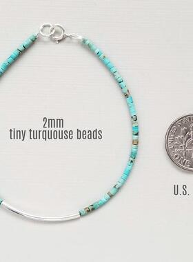 真正天然绿松石串珠纯银管手链