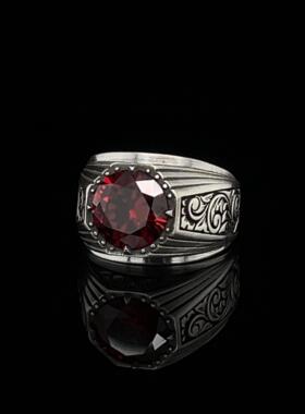 石榴石宝石镶嵌雕刻纯银中性戒指