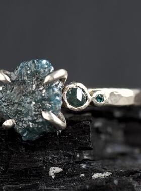 原始天然蓝色钻石宝石原石戒指