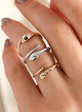 祖母绿14K金蛇可调包裹环绕戒指