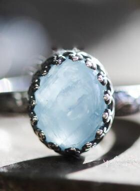 纯银蓝色海蓝宝石戒指皇冠镶嵌