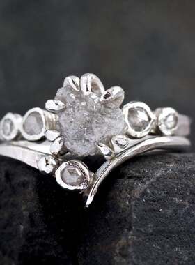 原始白色钻石纯银14K金订婚戒指