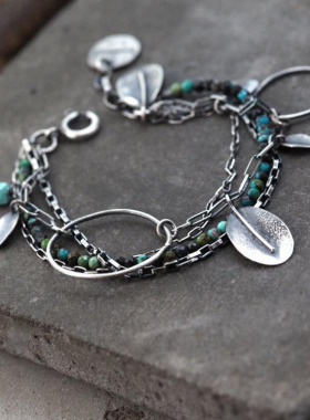 氧化纯银绿松石宝石手链银链银盘