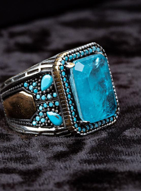 纯银复古蓝色石英石绿松石戒指