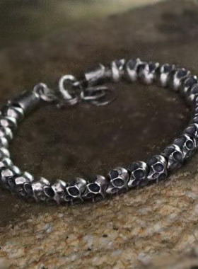 男士氧化纯银哥特复古骷髅头手链