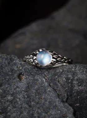 叶子彩虹天然月光石纯银订婚戒指