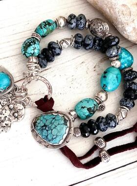 真正绿松石鱼串饰纯银鹿皮手链