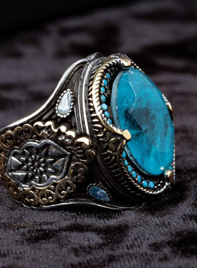 男纯银复古蓝色石英宝石镶嵌戒指