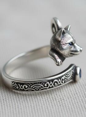 柴犬狗宠物蓝色宝石纯银开口戒指