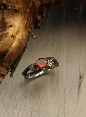 14k纯白金复古天然石榴石戒指