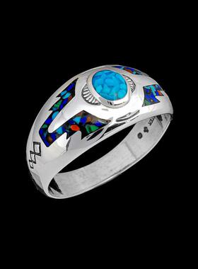 纯银纳瓦霍绿松石青金石戒指镶嵌