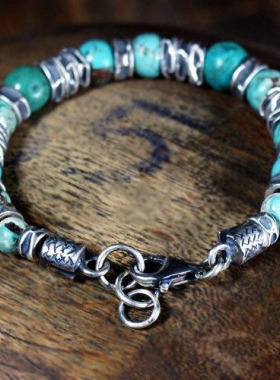 天然绿松石串珠氧化纯银中性手链