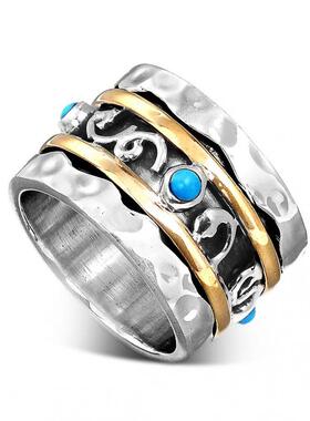 女士纯银绿松石镶嵌旋转环戒指