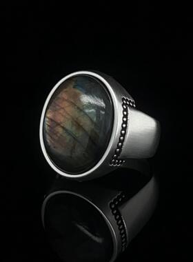 纯银椭圆拉长石镶嵌宝石男士戒指