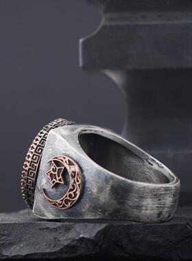 新月星星戒指红火琥珀石