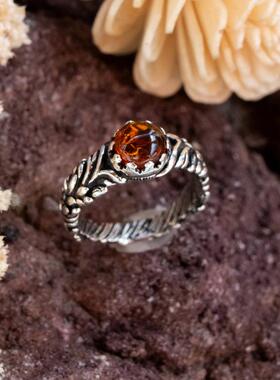 女士纯银复古天然琥珀镶嵌戒指