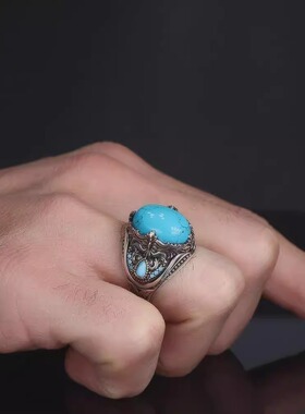绿松石镶嵌宝石纯银雕刻男士戒指