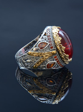 纯银复古红锆石宝石镶嵌椭圆戒指