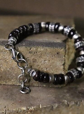 纯银天然宝石串珠手链锤击花纹